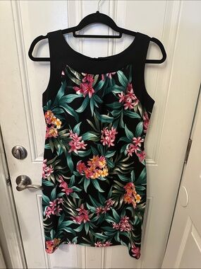 Rockabilly pinup sleeveless Black Floral Shift Dress Pink Tropical Print 12 L